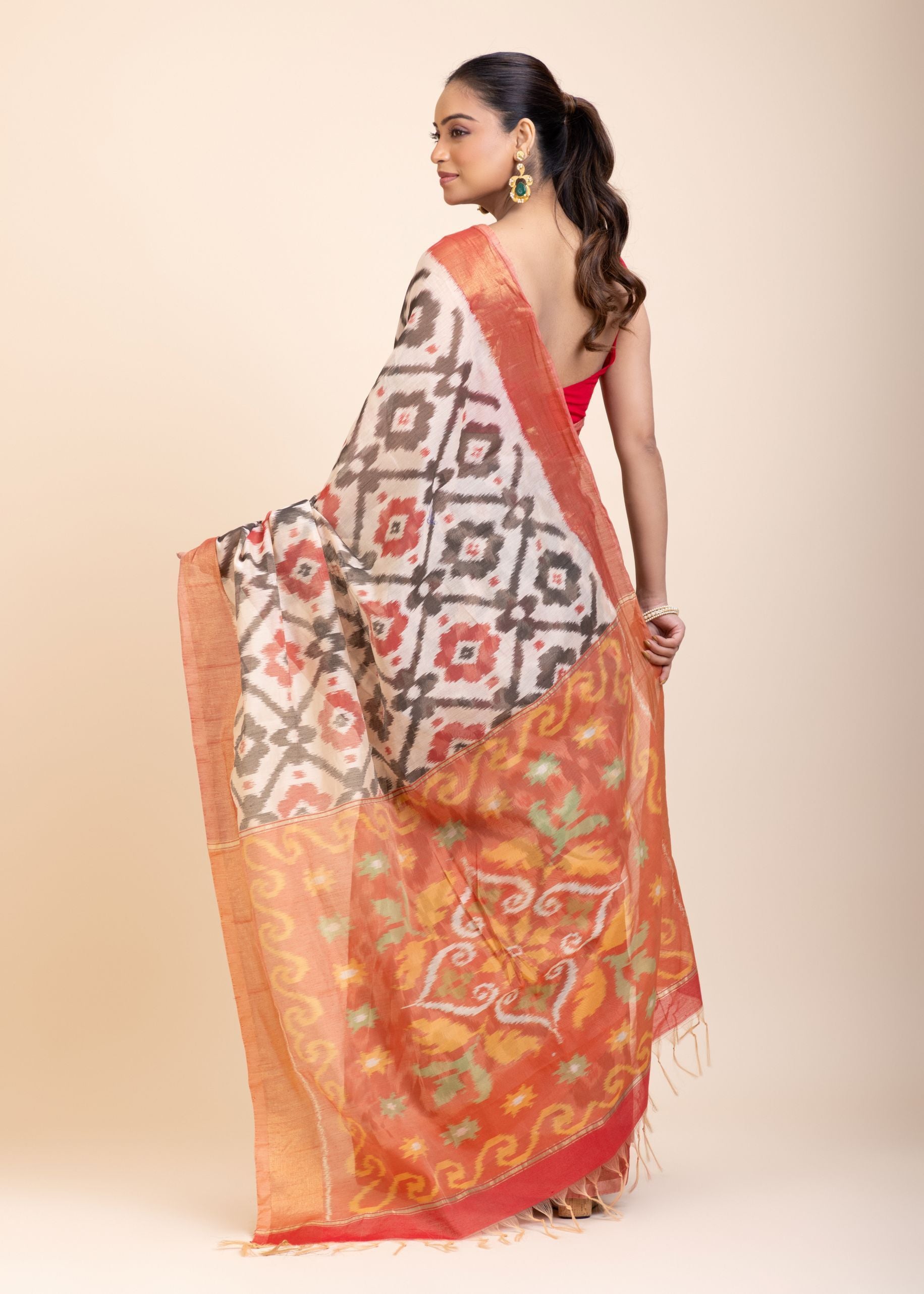 Red and White Ikkat Silk Saree with Black Woven back