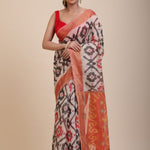 Red and White Ikkat Silk Saree with Black Woven full