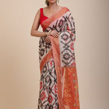 Red and White Ikkat Silk Saree with Black Woven full