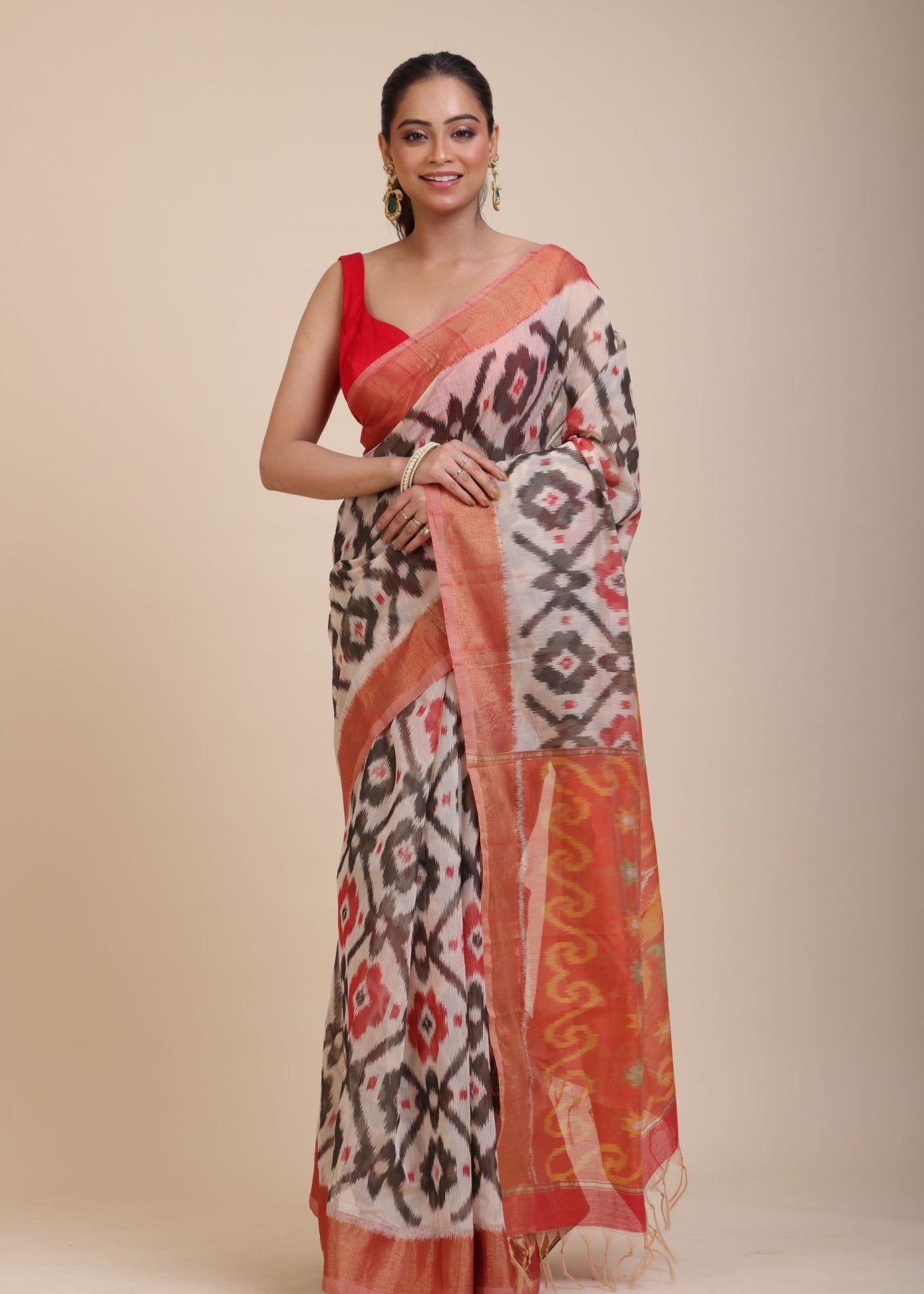 Red and White Ikkat Silk Saree with Black Woven - Anvi Couture