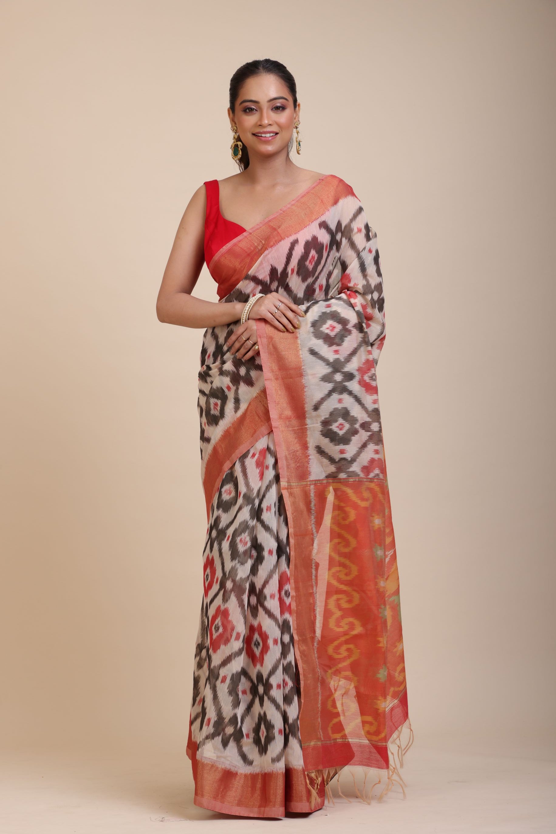 Red and White Ikkat Silk Saree with Black Woven full