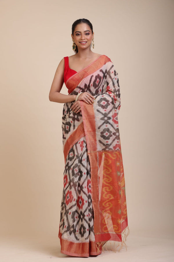 Red and White Ikkat Silk Saree with Black Woven - Anvi Couture