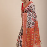 Red and White Ikkat Silk Saree with Black Woven front