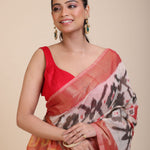 Red and White Ikkat Silk Saree with Black Woven close up