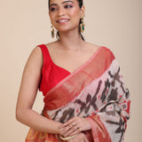 Red and White Ikkat Silk Saree with Black Woven close up