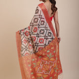 Red and White Ikkat Silk Saree with Black Woven back