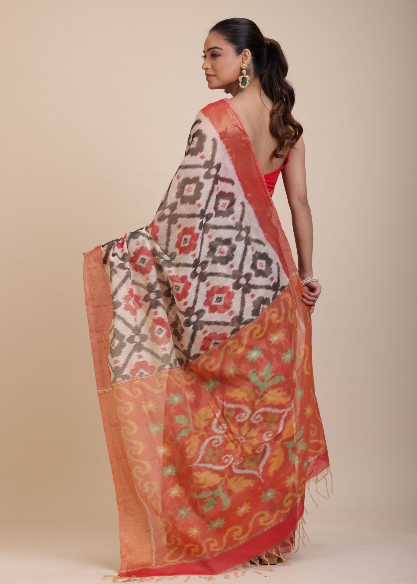 Red and White Ikkat Silk Saree with Black Woven - Anvi Couture