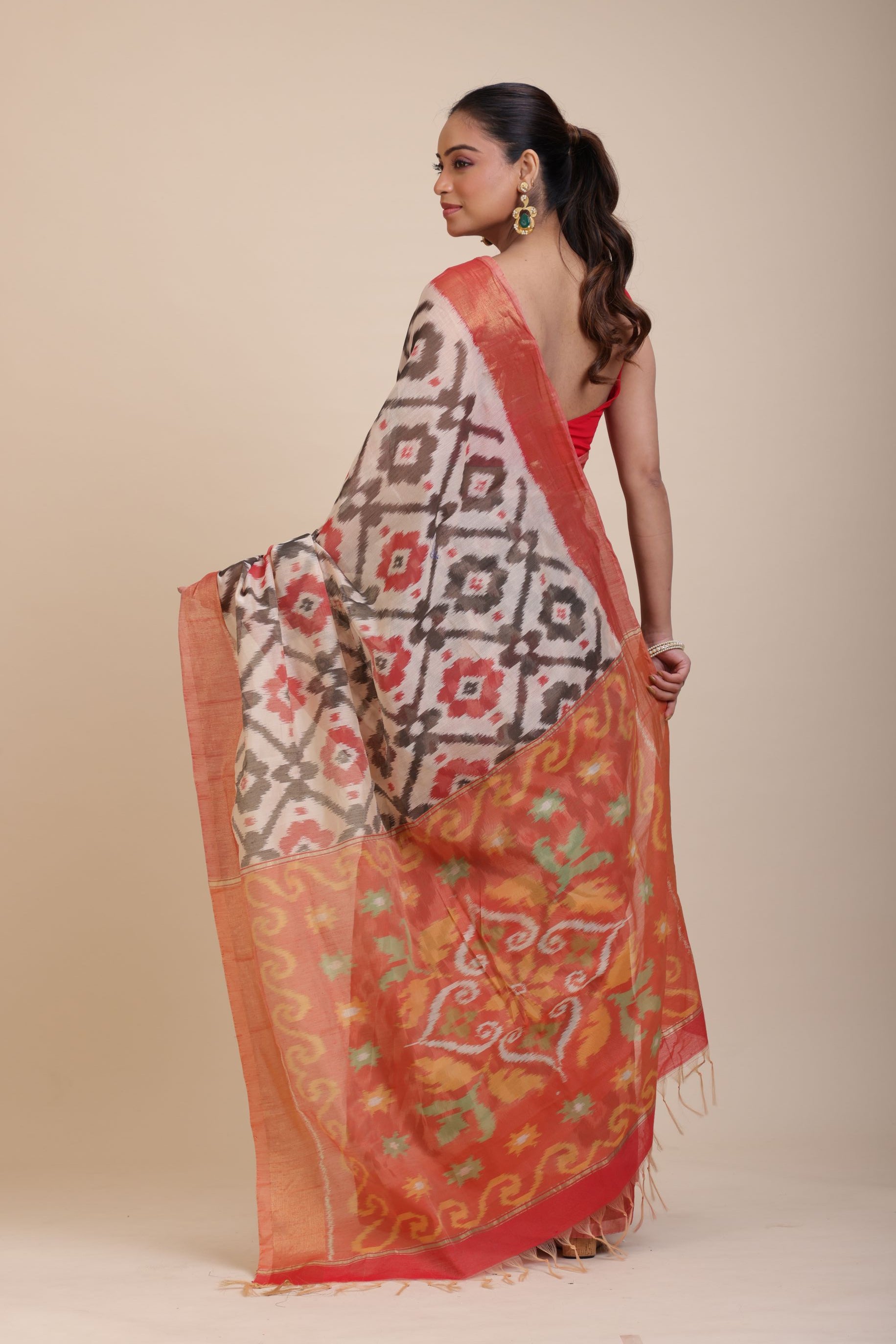 Red and White Ikkat Silk Saree with Black Woven back