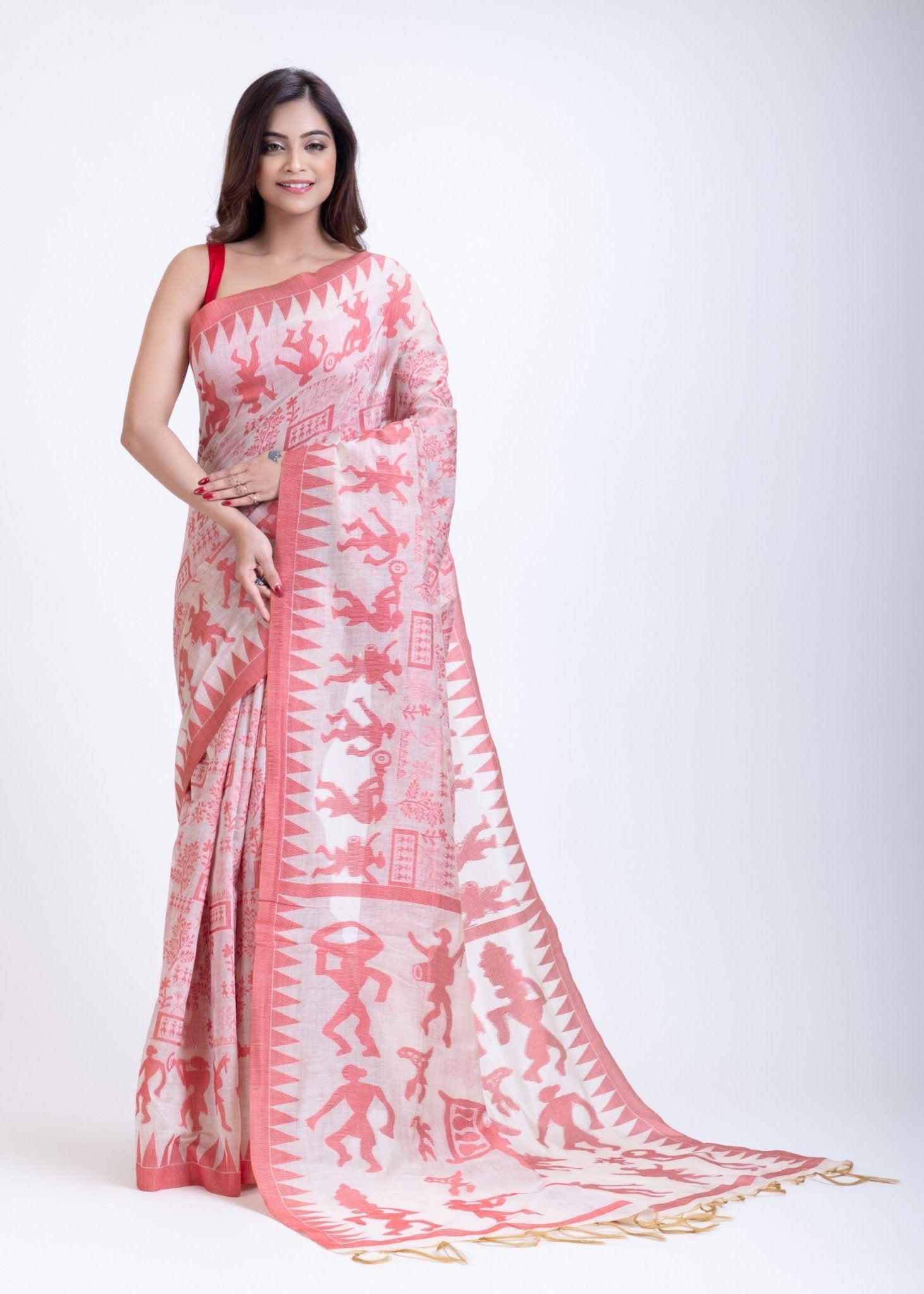 Red and White Jamdani Handloom Saree - Anvi Couture