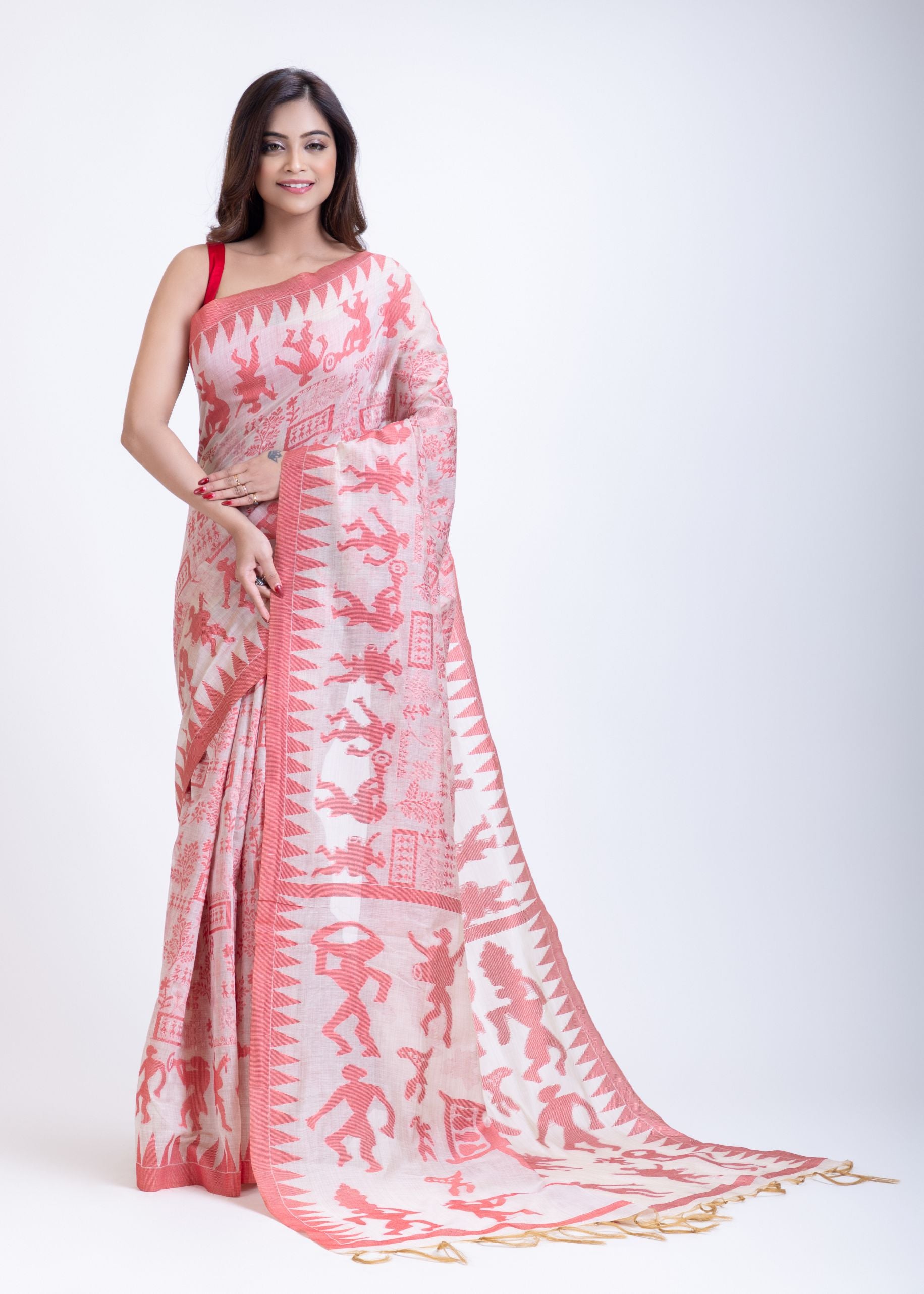 Red and White Jamdani Handloom Saree Full
