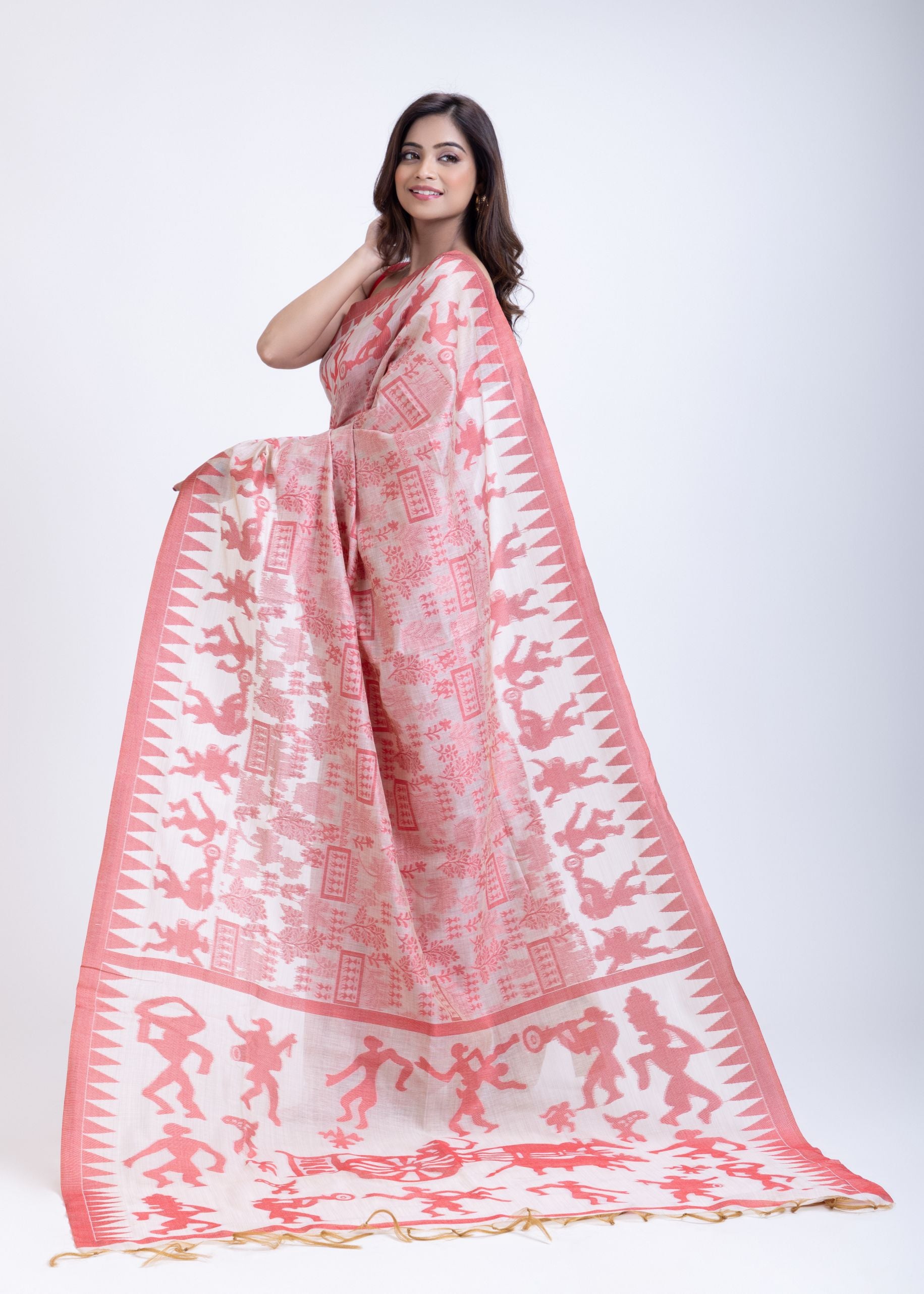 Red and White Jamdani Handloom Saree Front
