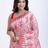 Red and White Jamdani Handloom Saree Close Up
