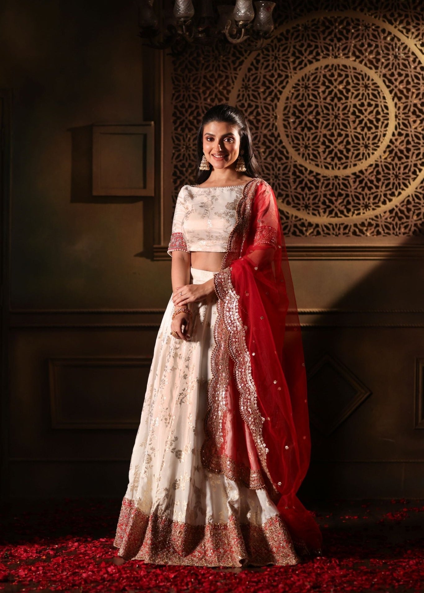 Red and White Lehenga Choli Set - Anvi Couture