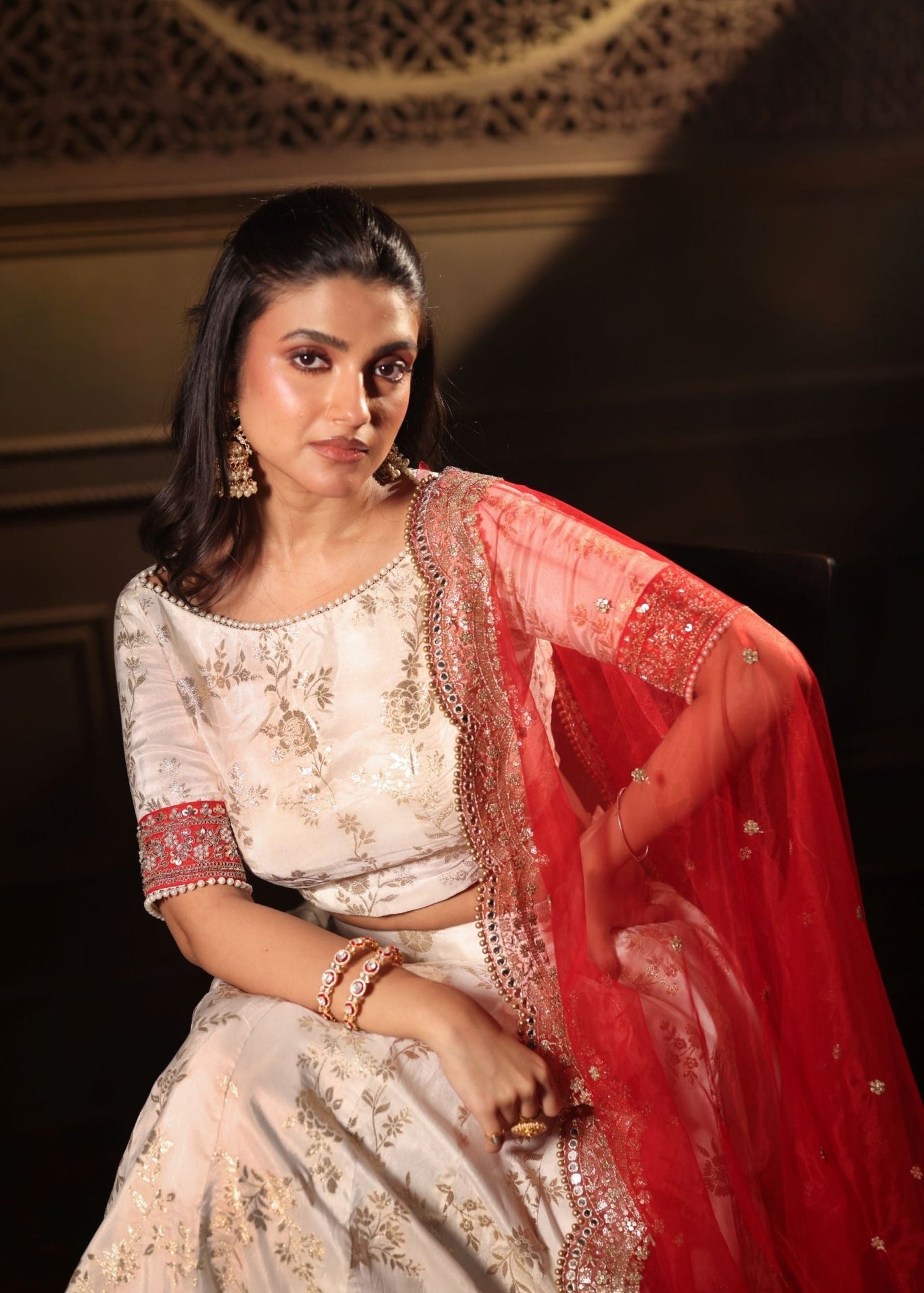 Red and White Lehenga Choli Set - Anvi Couture