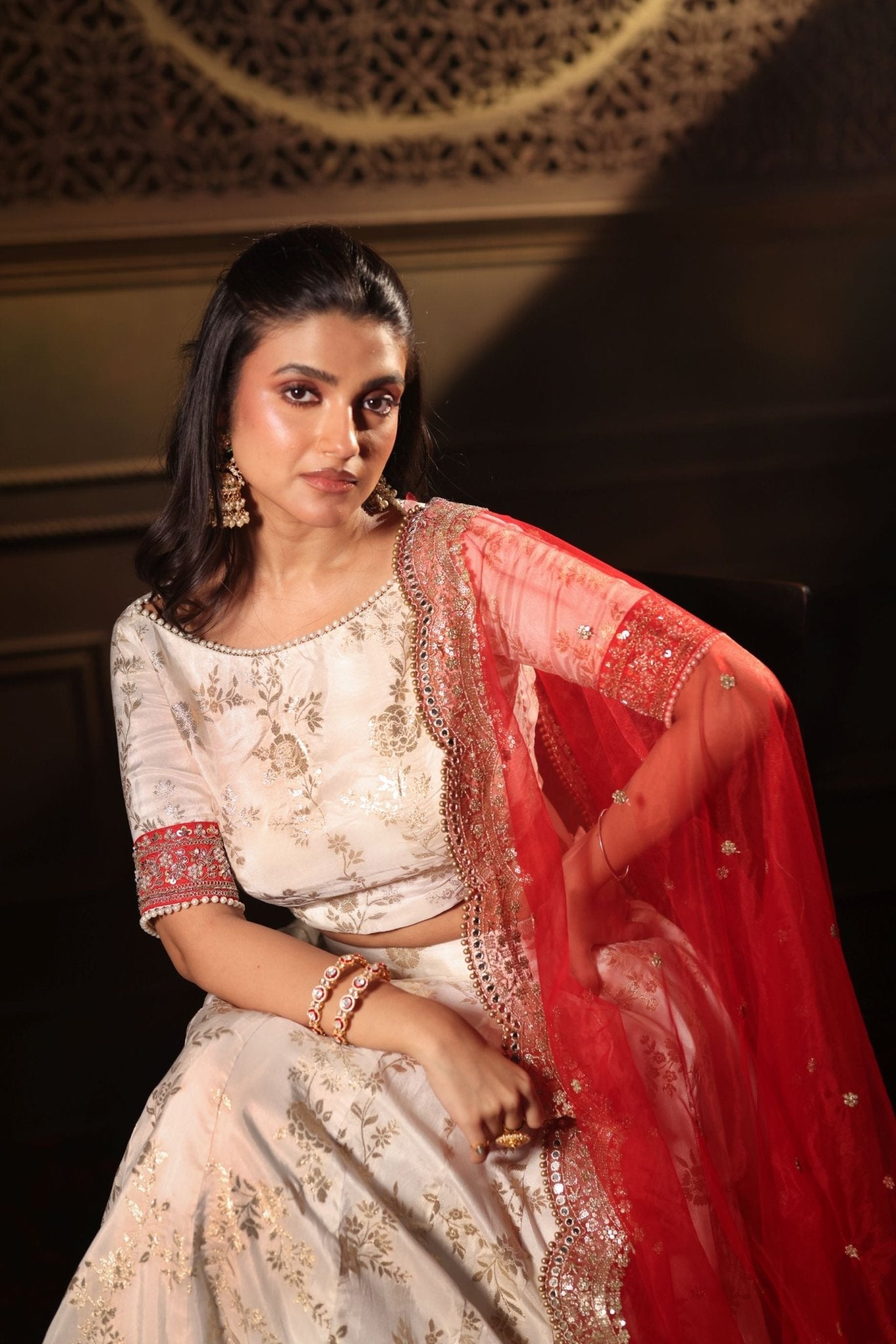 Red and White Lehenga Choli Set - Anvi Couture
