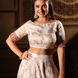 Red and White Lehenga Choli Set Close Up

