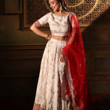 Red and White Lehenga Choli Set Full Front

