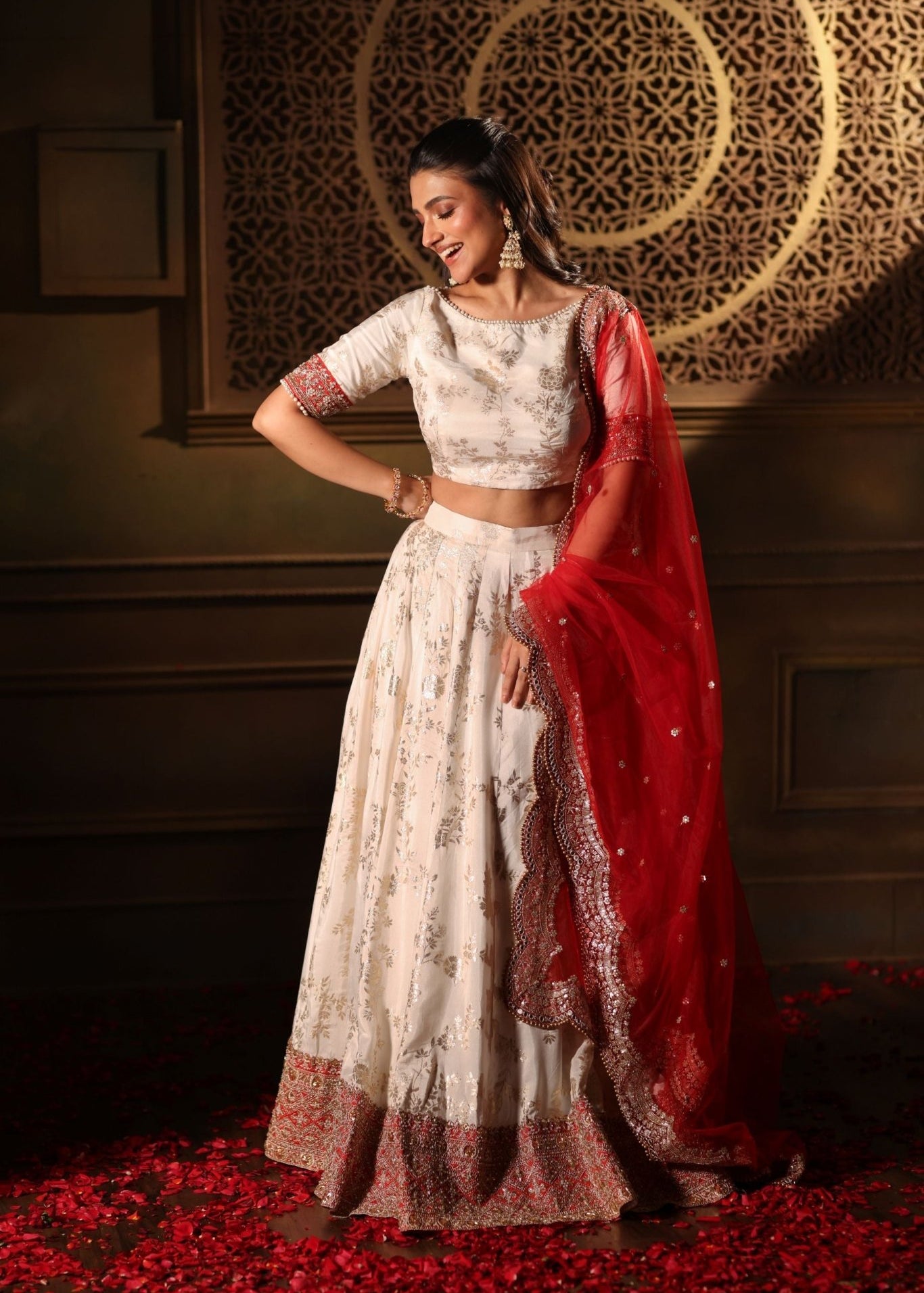 Red and White Lehenga Choli Set - Anvi Couture