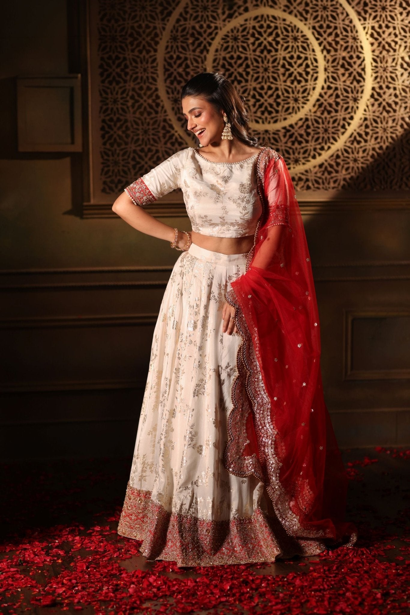 Red and White Lehenga Choli Set - Anvi Couture