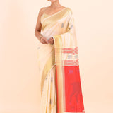 Red and White Paithani Silk Saree with Golden Border Front View