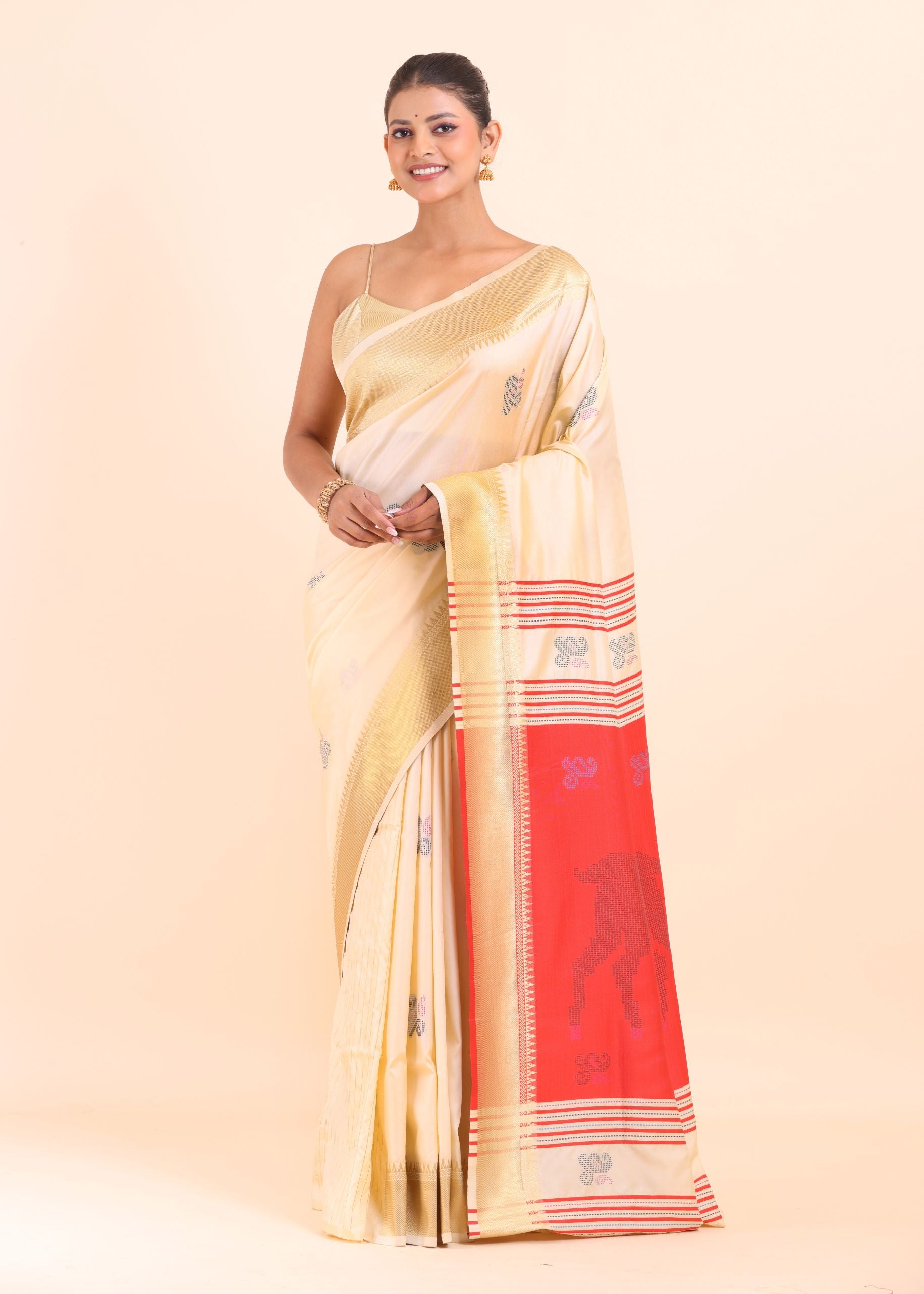 Red and White Paithani Silk Saree with Golden Border Front View