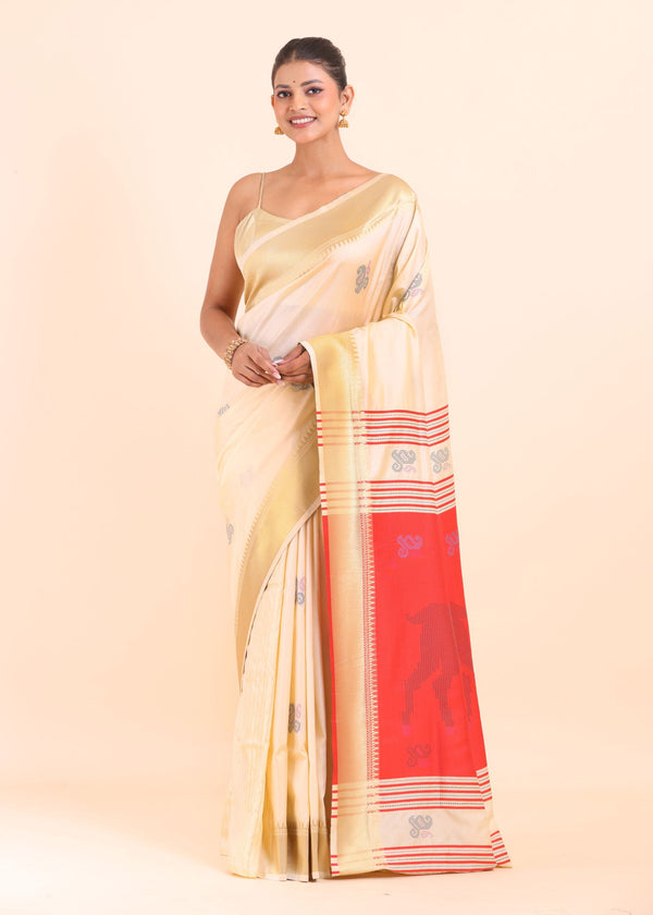 Red and White Paithani Silk Saree with Golden Border Front View