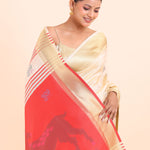 Red and White Paithani Silk Saree with Golden Border Close Up View
