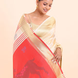 Red and White Paithani Silk Saree with Golden Border Close Up View