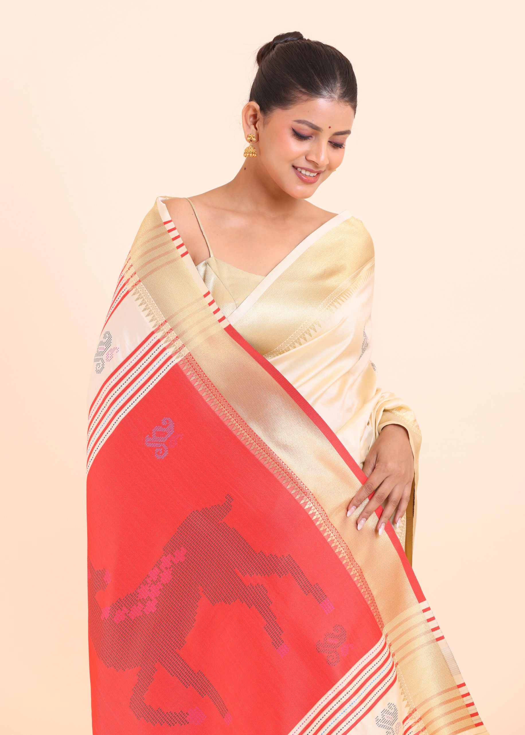 Red and White Paithani Silk Saree with Golden Border Close Up View