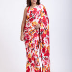 Red and  White floral Print Satin Silk Saree Full

