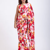 Red and  White floral Print Satin Silk Saree Full

