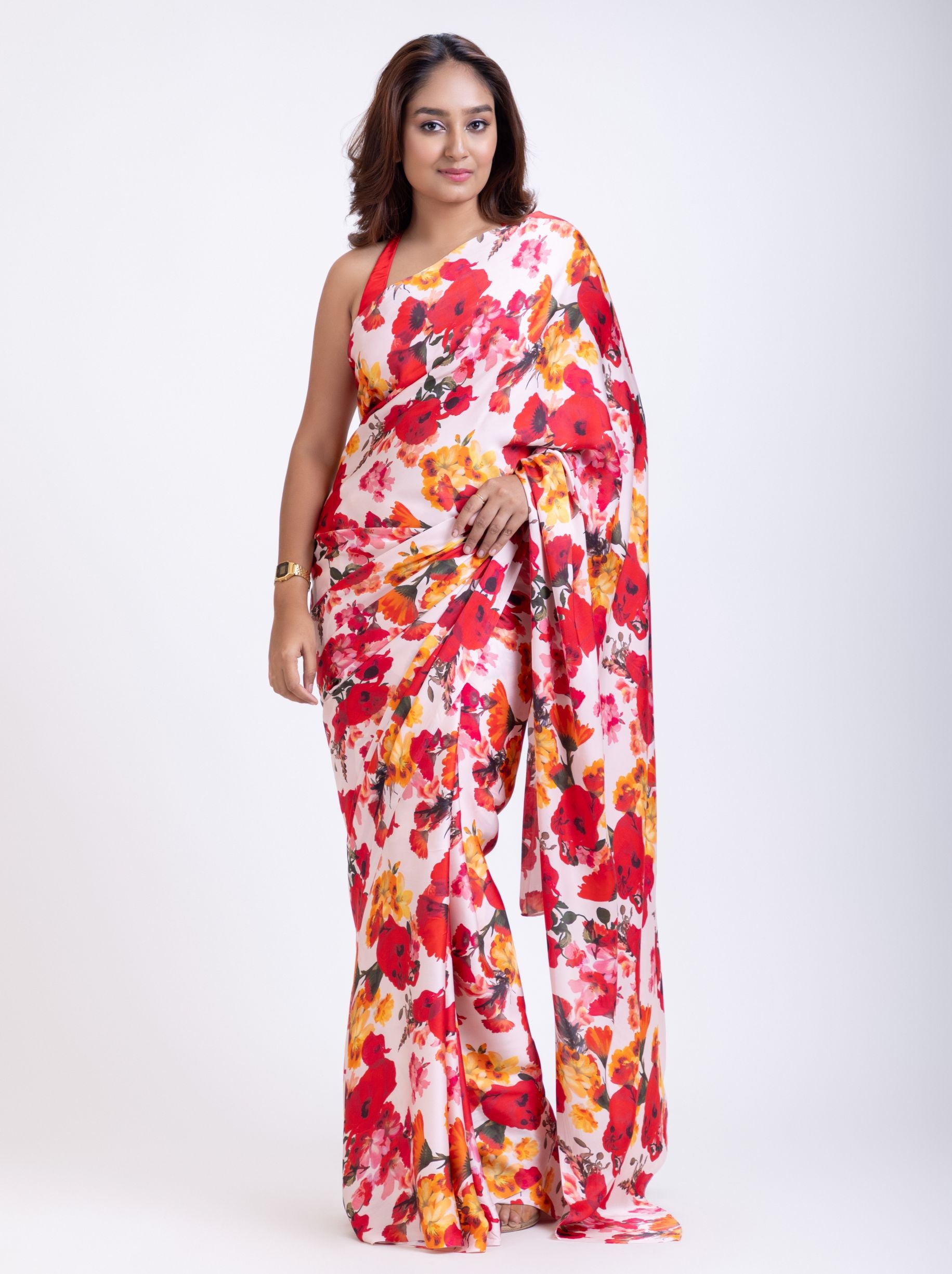 Red and  White floral Print Satin Silk Saree Full

