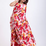 Red and  White floral Print Satin Silk Saree Front 

