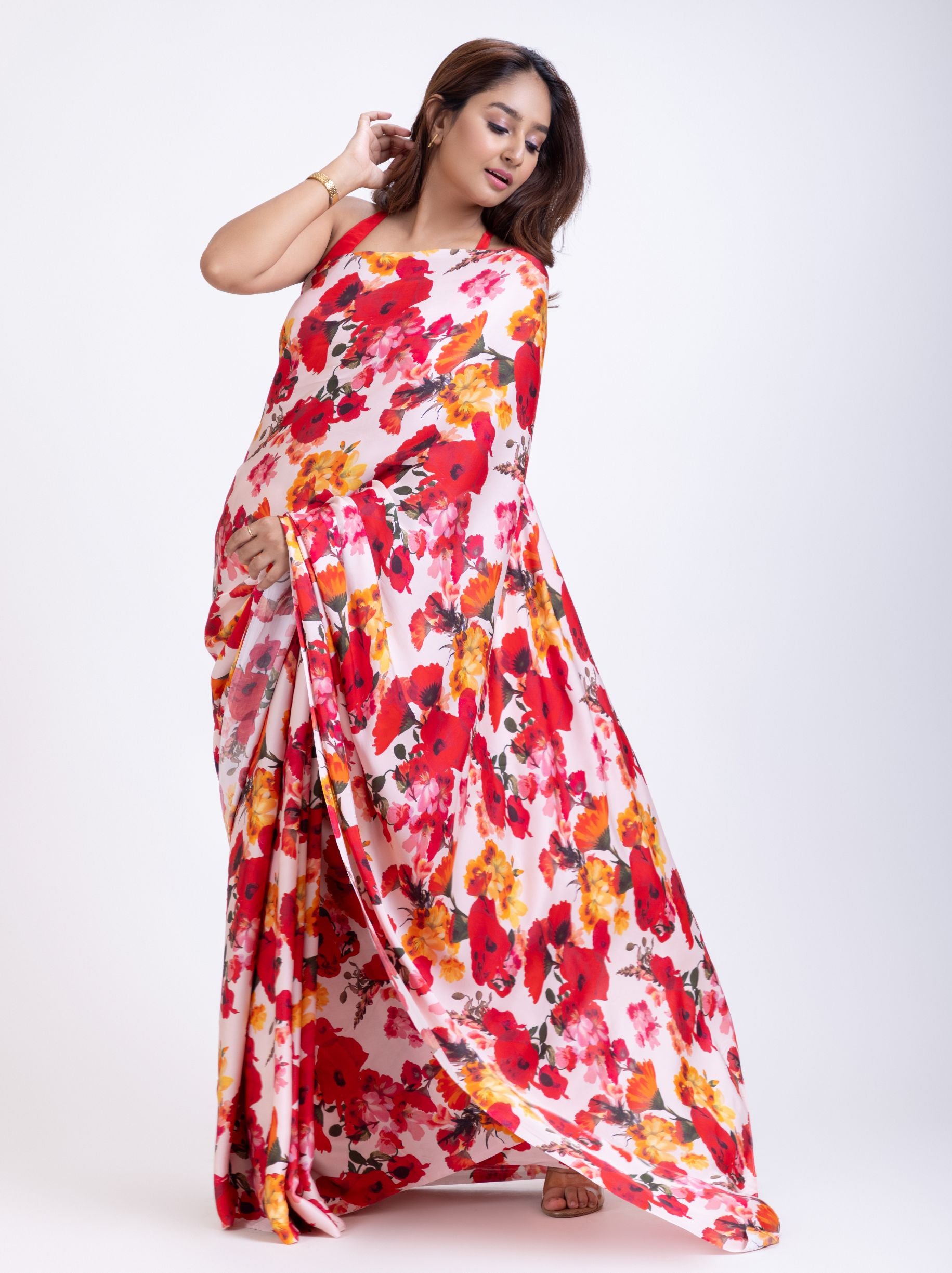 Red and  White floral Print Satin Silk Saree Front 


