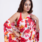 Red and  White floral Print Satin Silk Saree Close Up

