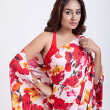 Red and  White floral Print Satin Silk Saree Close Up

