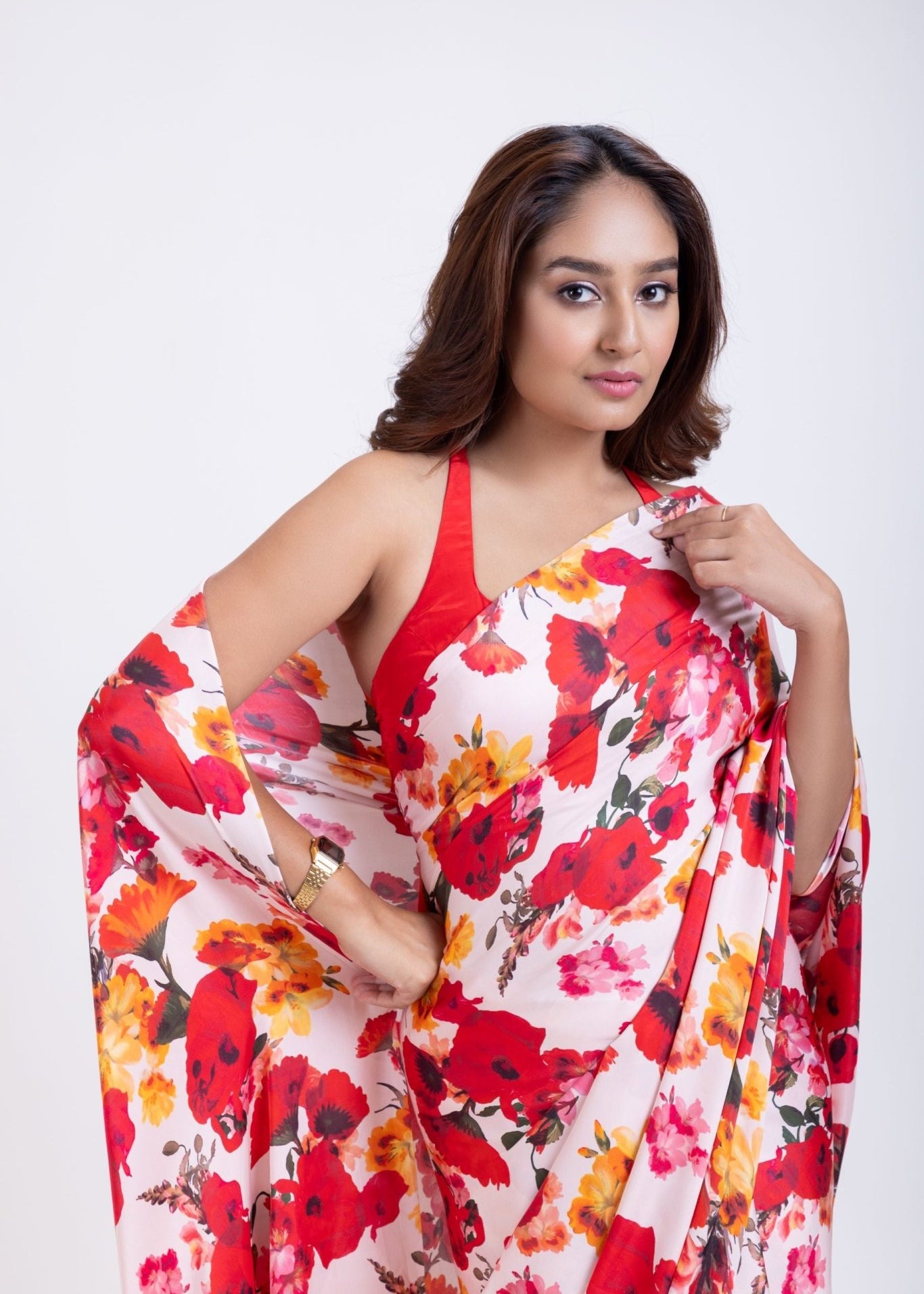 Red and White floral Print Satin Silk Saree - Anvi Couture