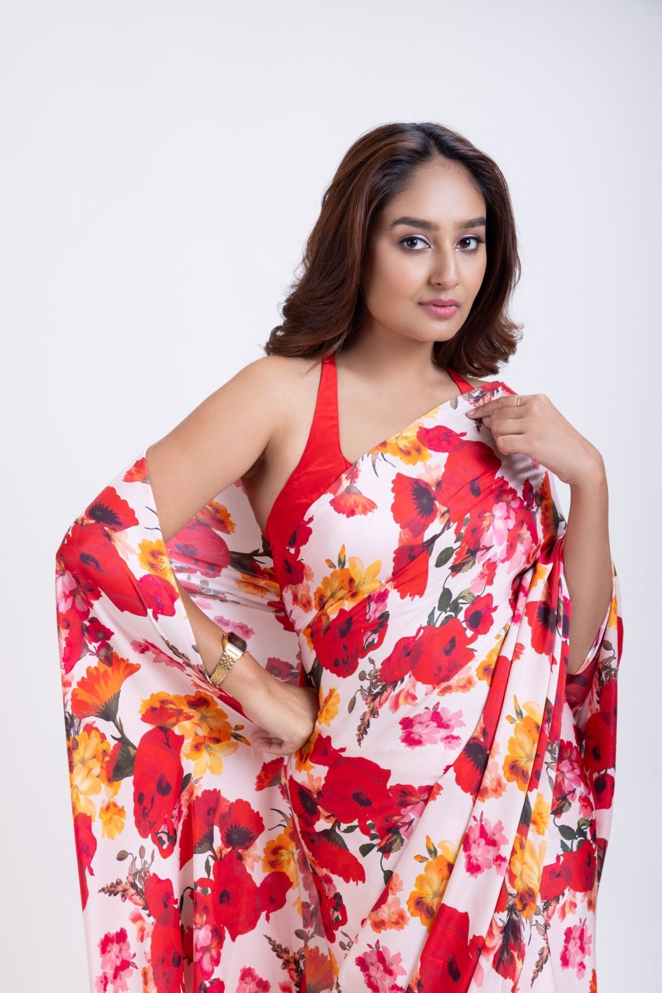 Red and White floral Print Satin Silk Saree - Anvi Couture