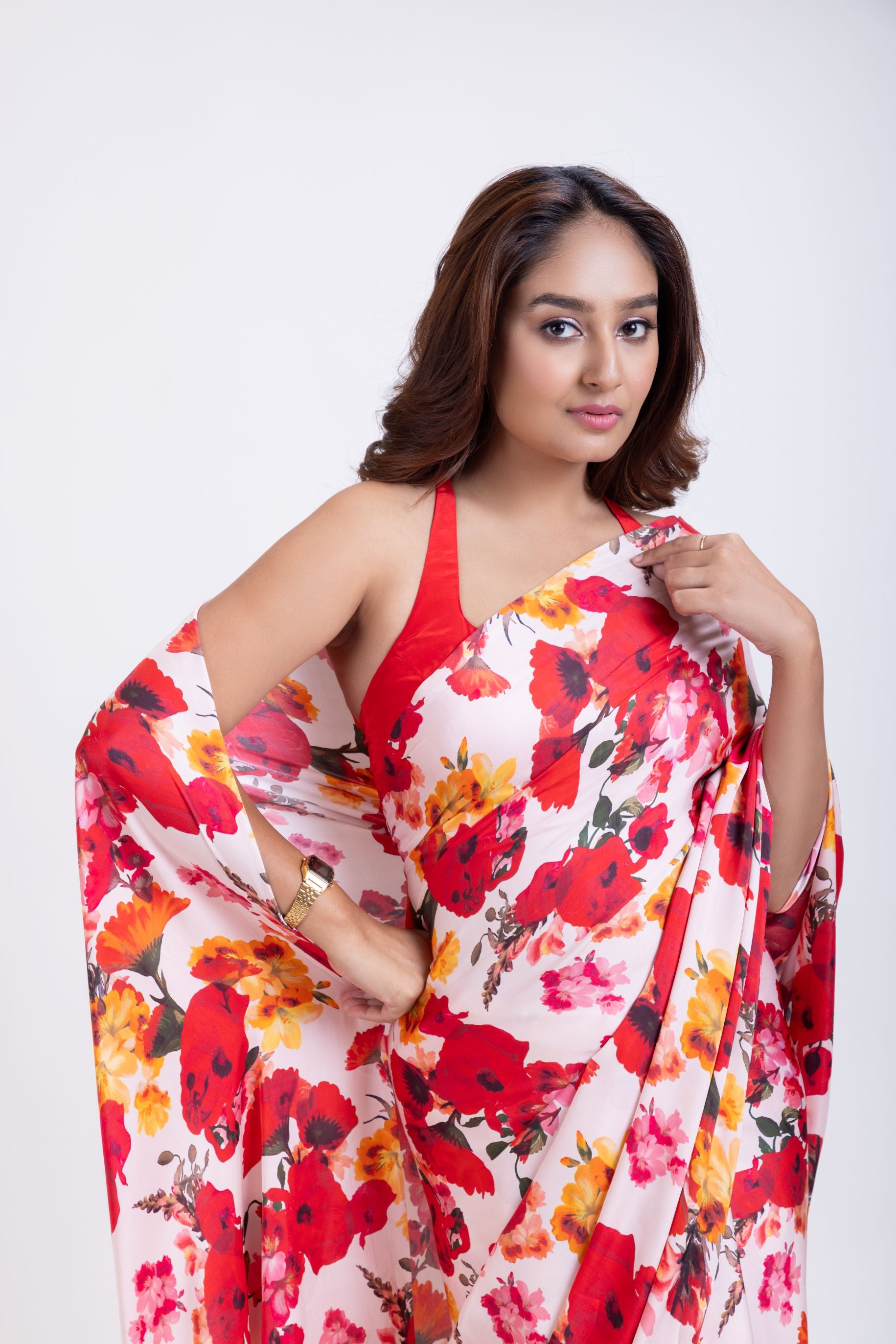 Red and  White floral Print Satin Silk Saree Close Up

