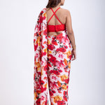 Red and  White floral Print Satin Silk Saree Back

