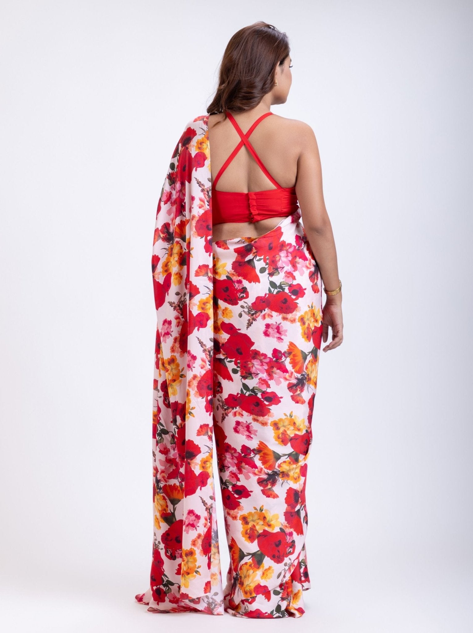 Red and White floral Print Satin Silk Saree - Anvi Couture