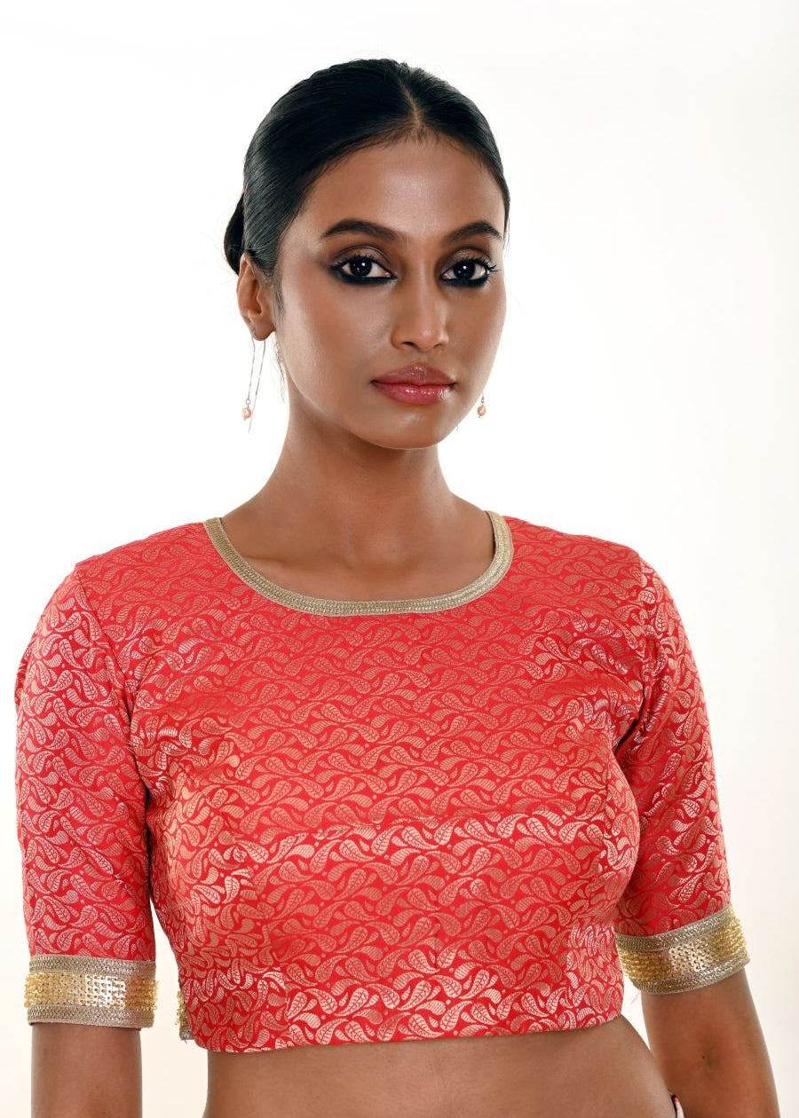Red brocade silk blouse — front view, round neckline