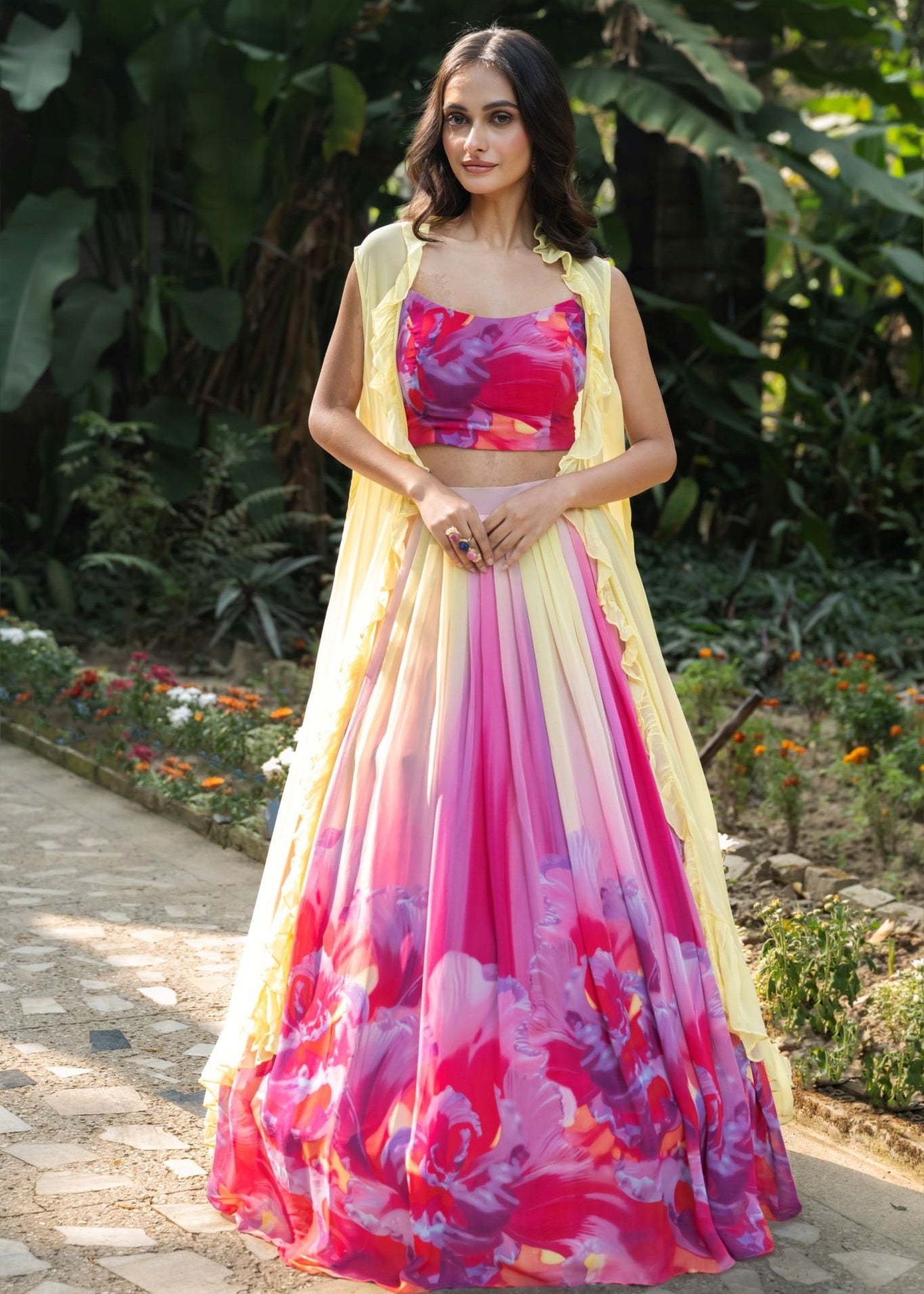 Rose Bloom Ivory Floral Lehenga Jacket Set - Anvi Couture