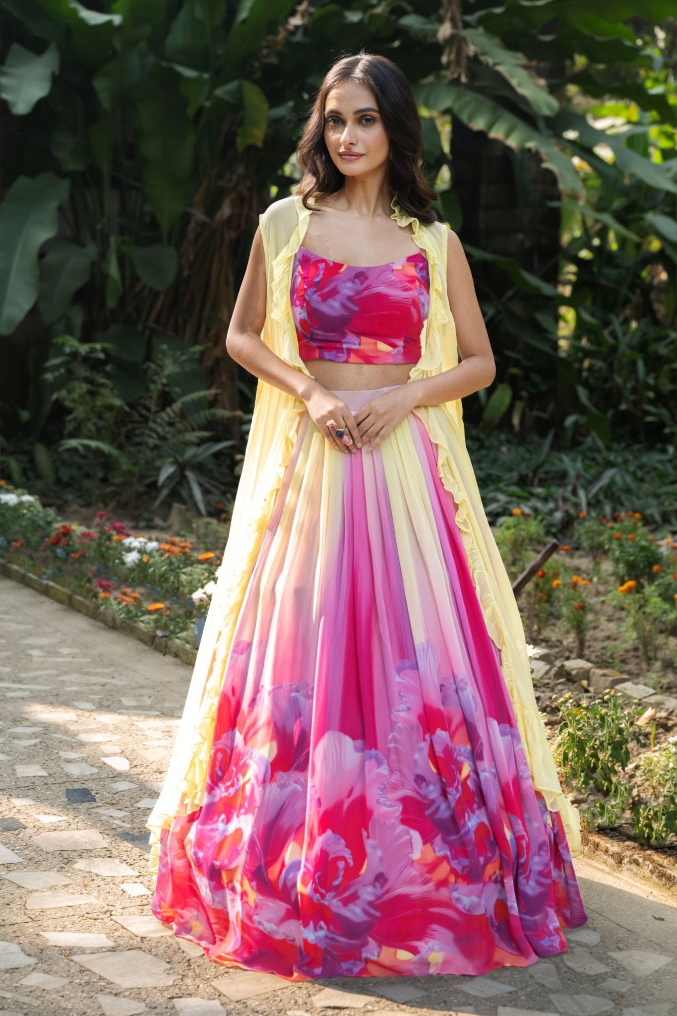 Rose Bloom Ivory Floral Lehenga Jacket Set - Anvi Couture