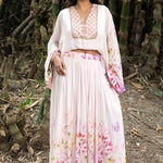 Rose Mist Blush Pink Floral Lehenga Set with Handcrafted Top - Anvi Couture