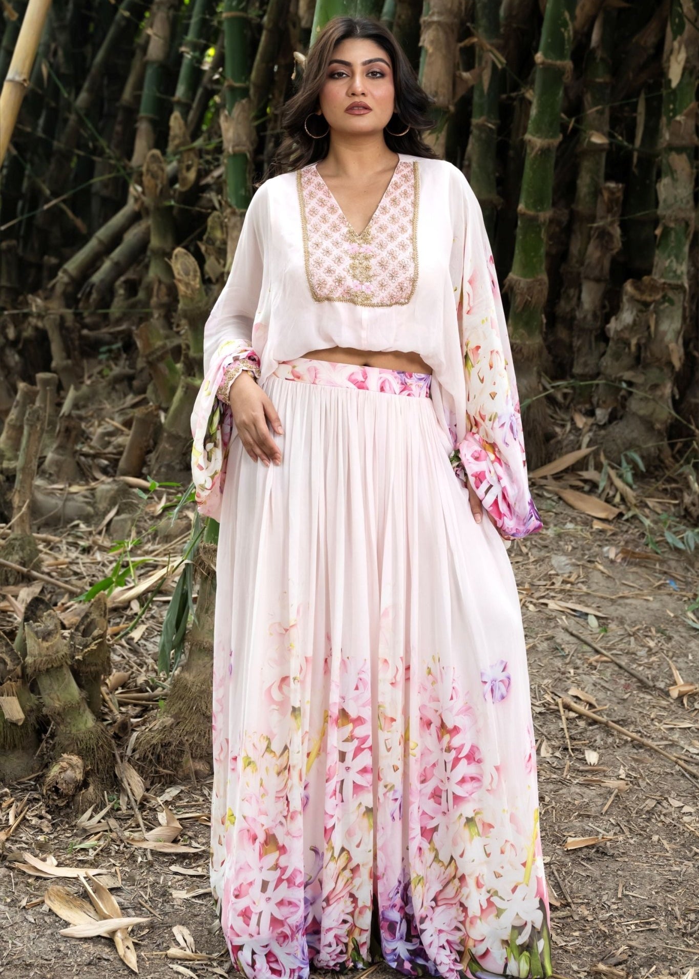 Rose Mist Blush Pink Floral Lehenga Set with Handcrafted Top - Anvi Couture