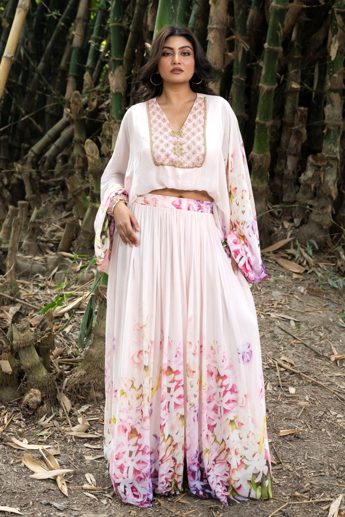 Rose Mist Blush Pink Floral Lehenga Set with Handcrafted Top - Anvi Couture