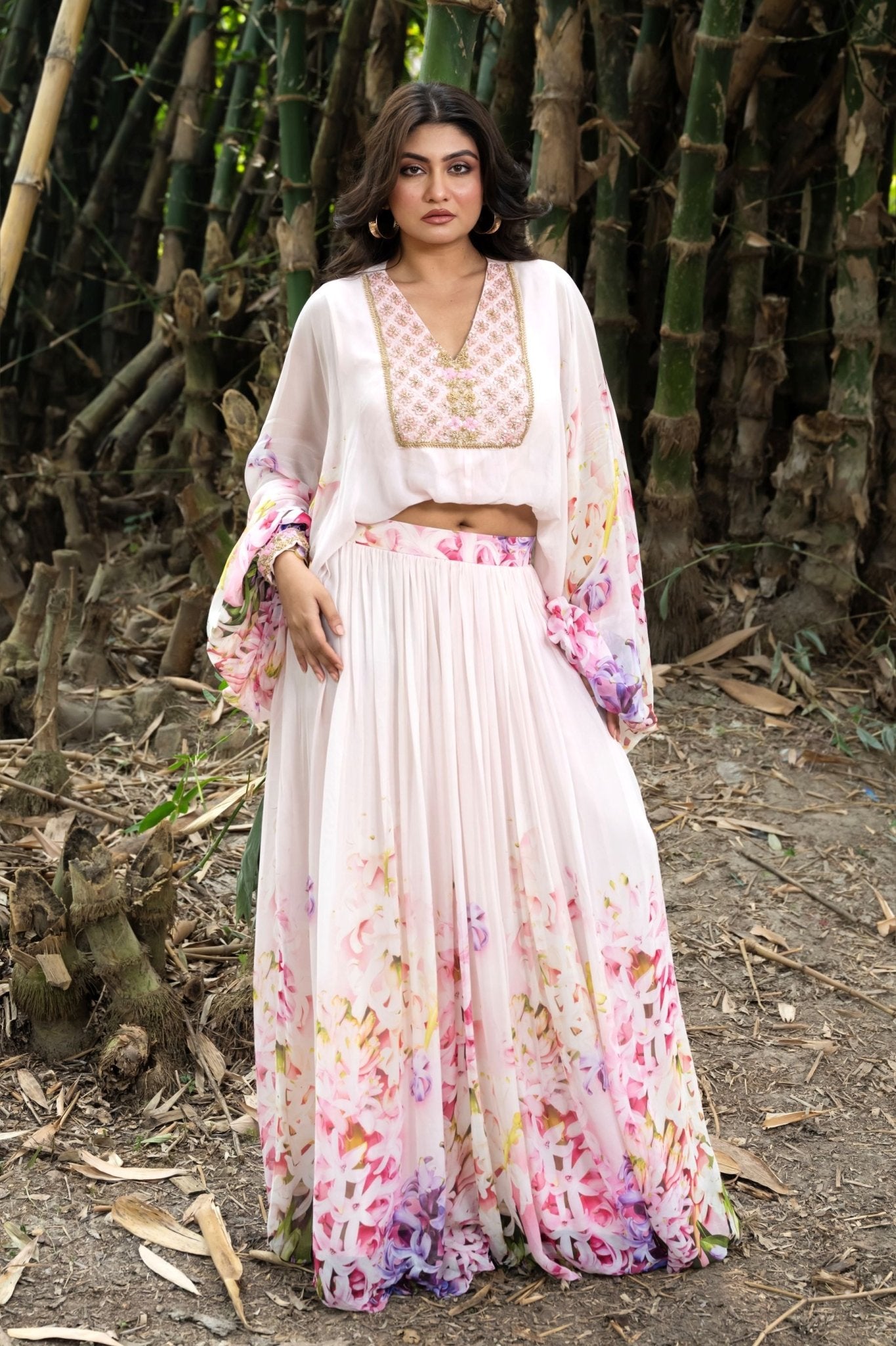 Rose Mist Blush Pink Floral Lehenga Set with Handcrafted Top - Anvi Couture