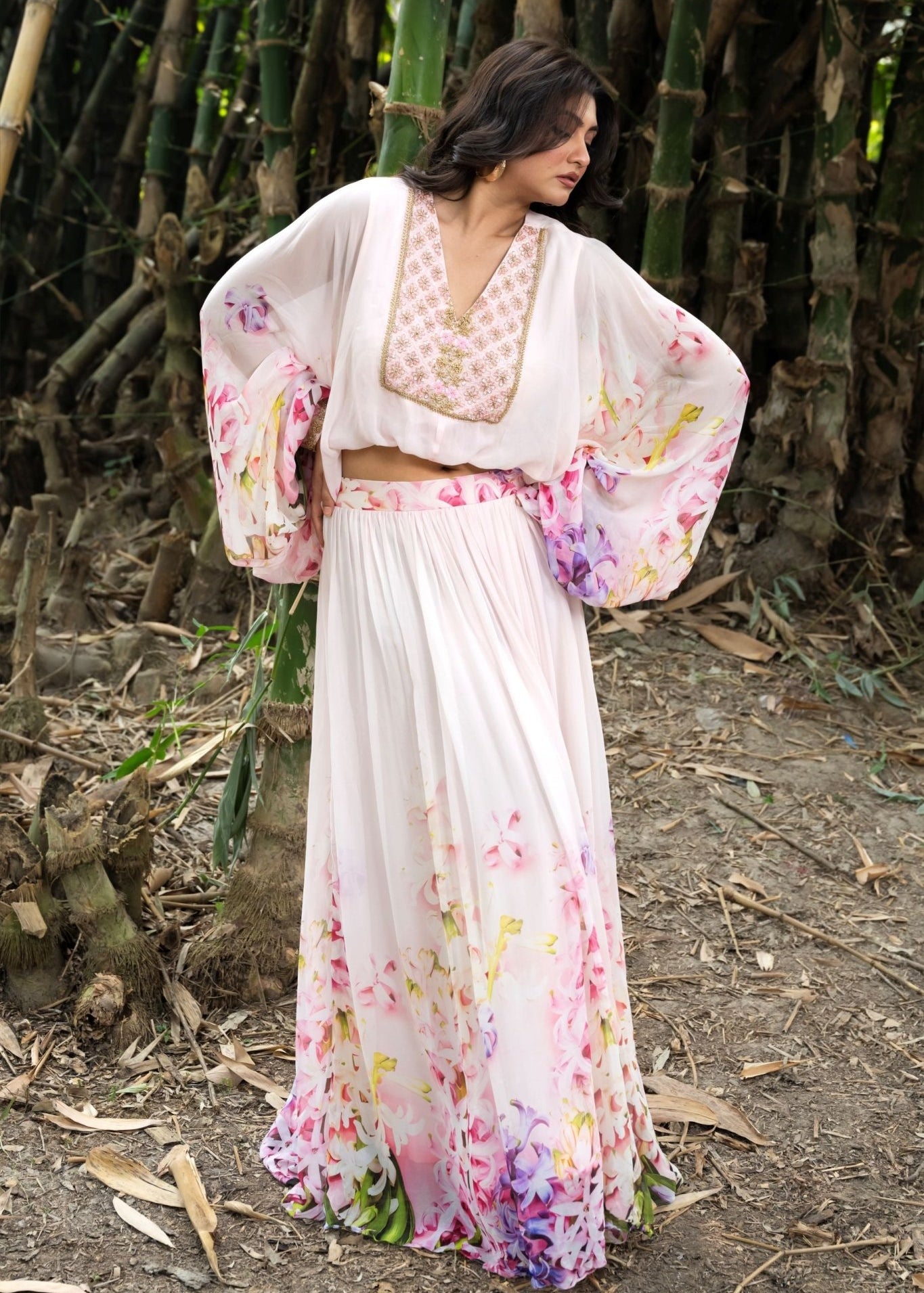 Rose Mist Blush Pink Floral Lehenga Set with Handcrafted Top - Anvi Couture