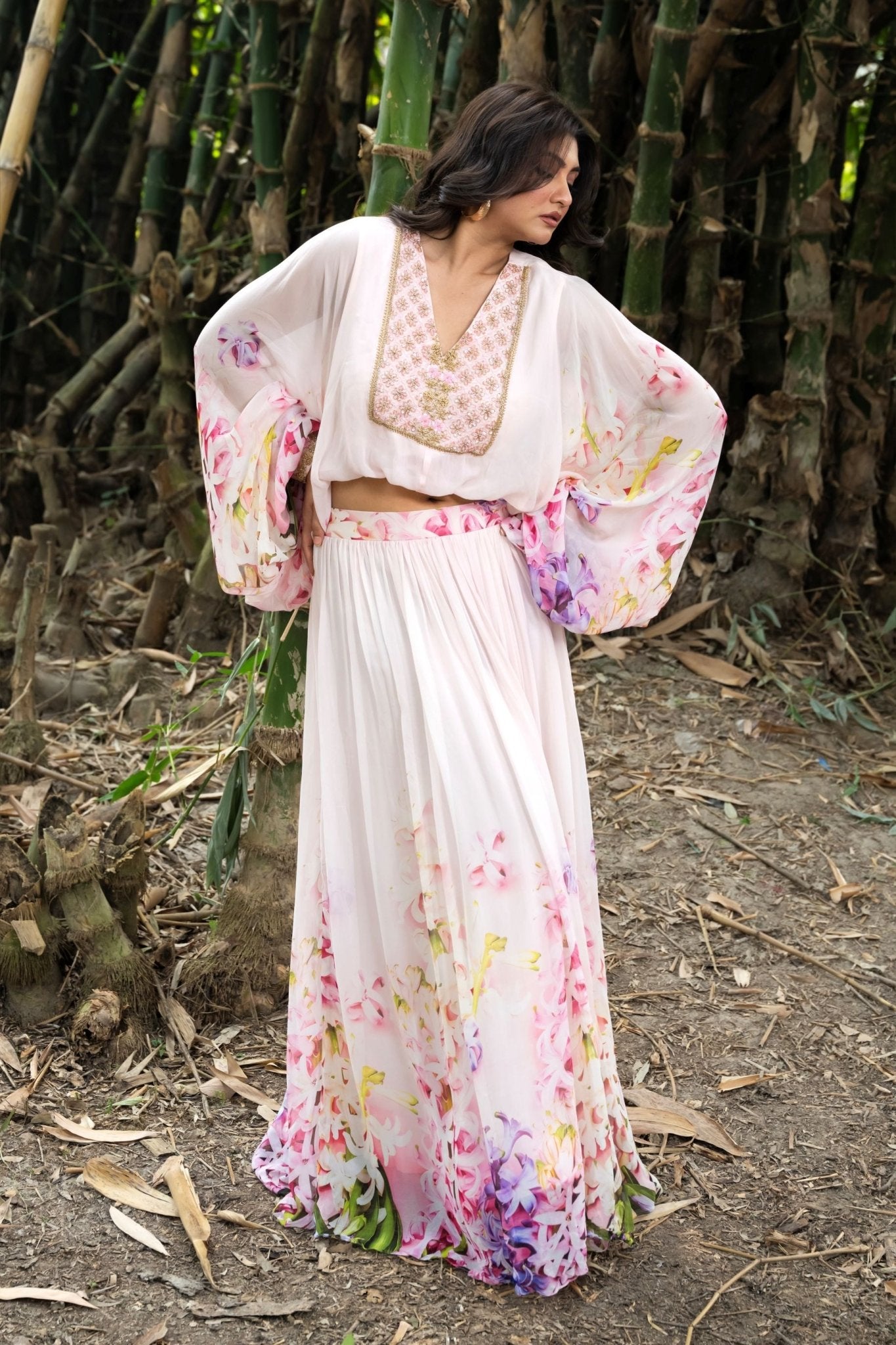 Rose Mist Blush Pink Floral Lehenga Set with Handcrafted Top - Anvi Couture